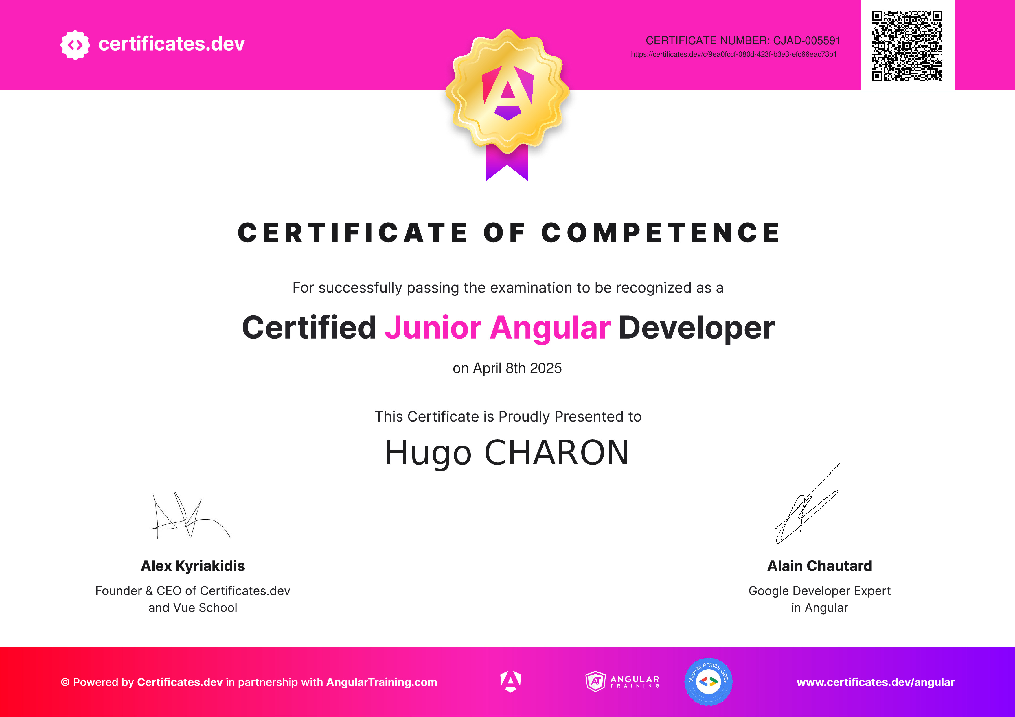 Hugo CHARON - Certified Junior Angular Developer