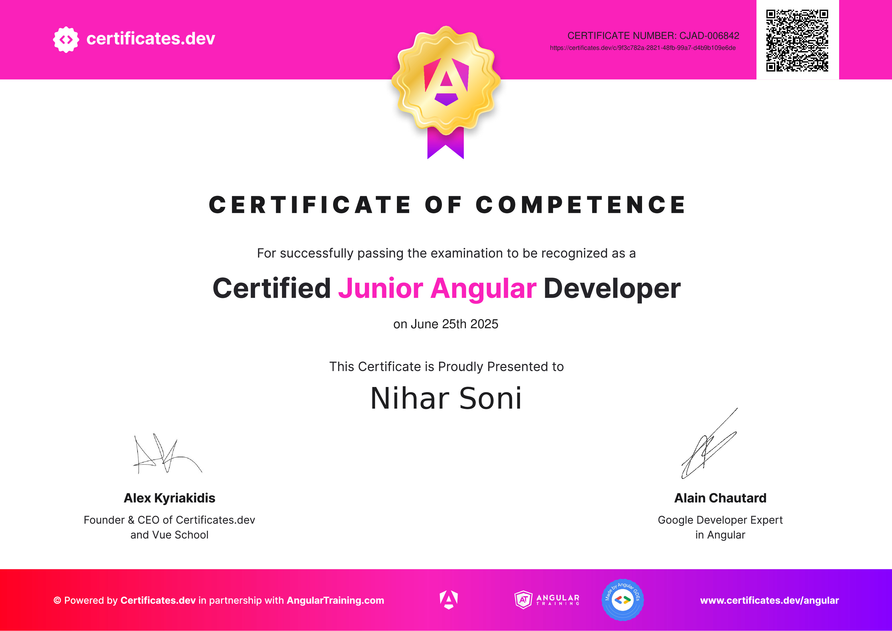 Nihar Soni - Certified Junior Angular Developer - Certificates.dev