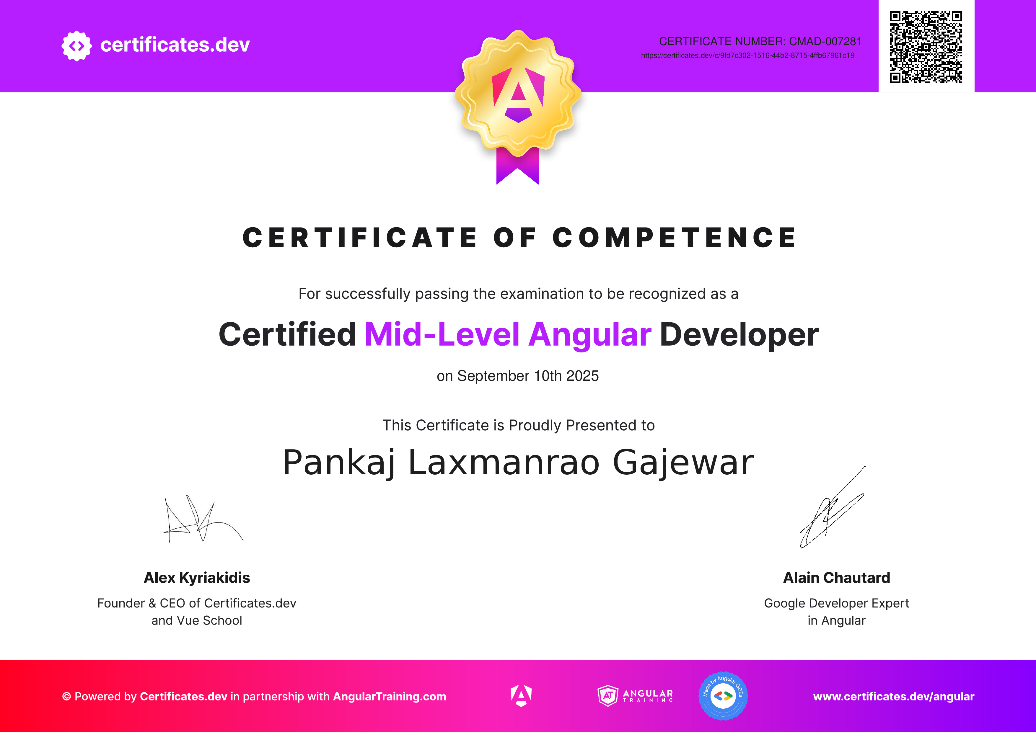 Pankaj Laxmanrao Gajewar - Certified Mid-Level Angular Developer