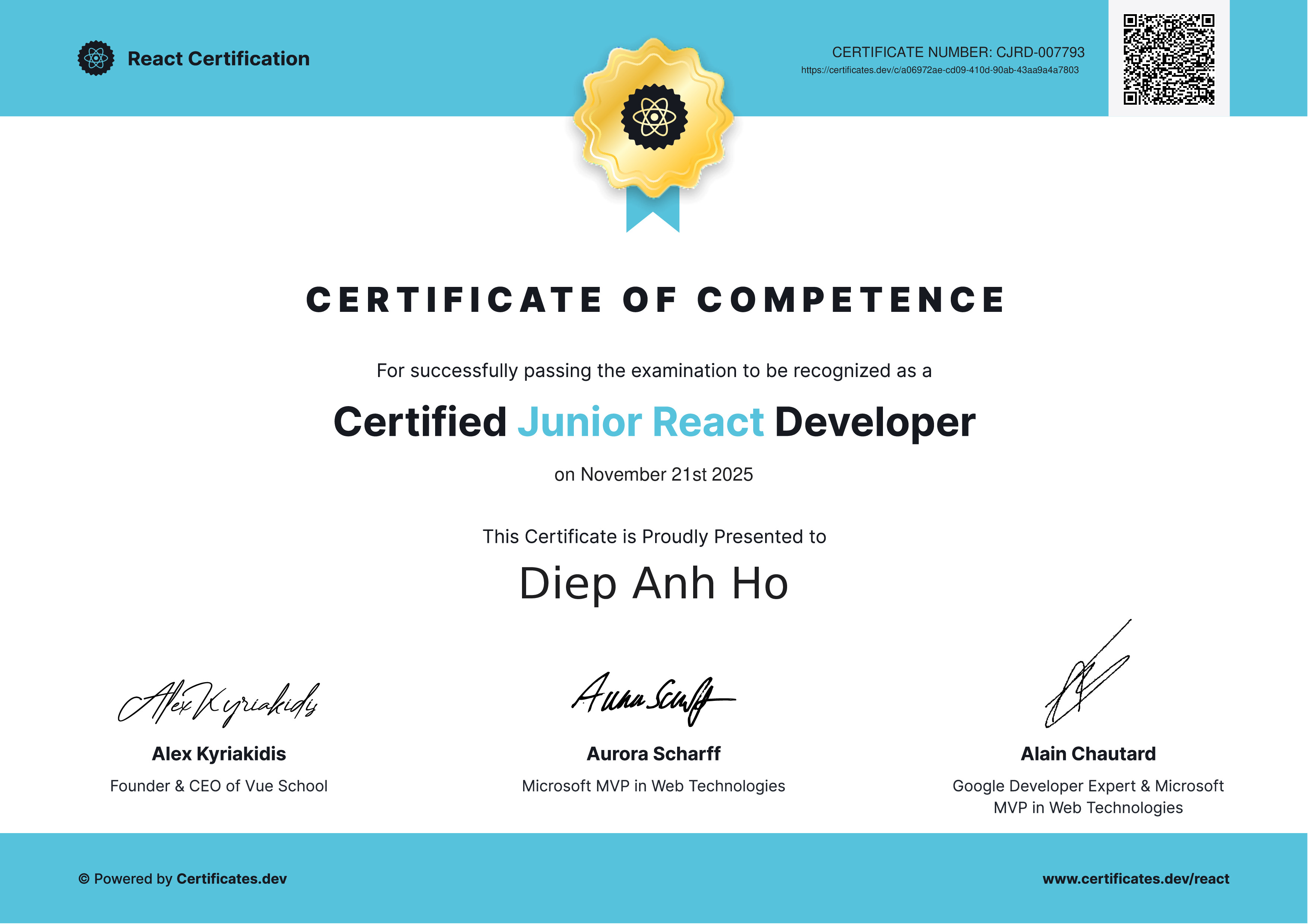 Diep Anh Ho - Certified Junior React Developer - Certificates.dev