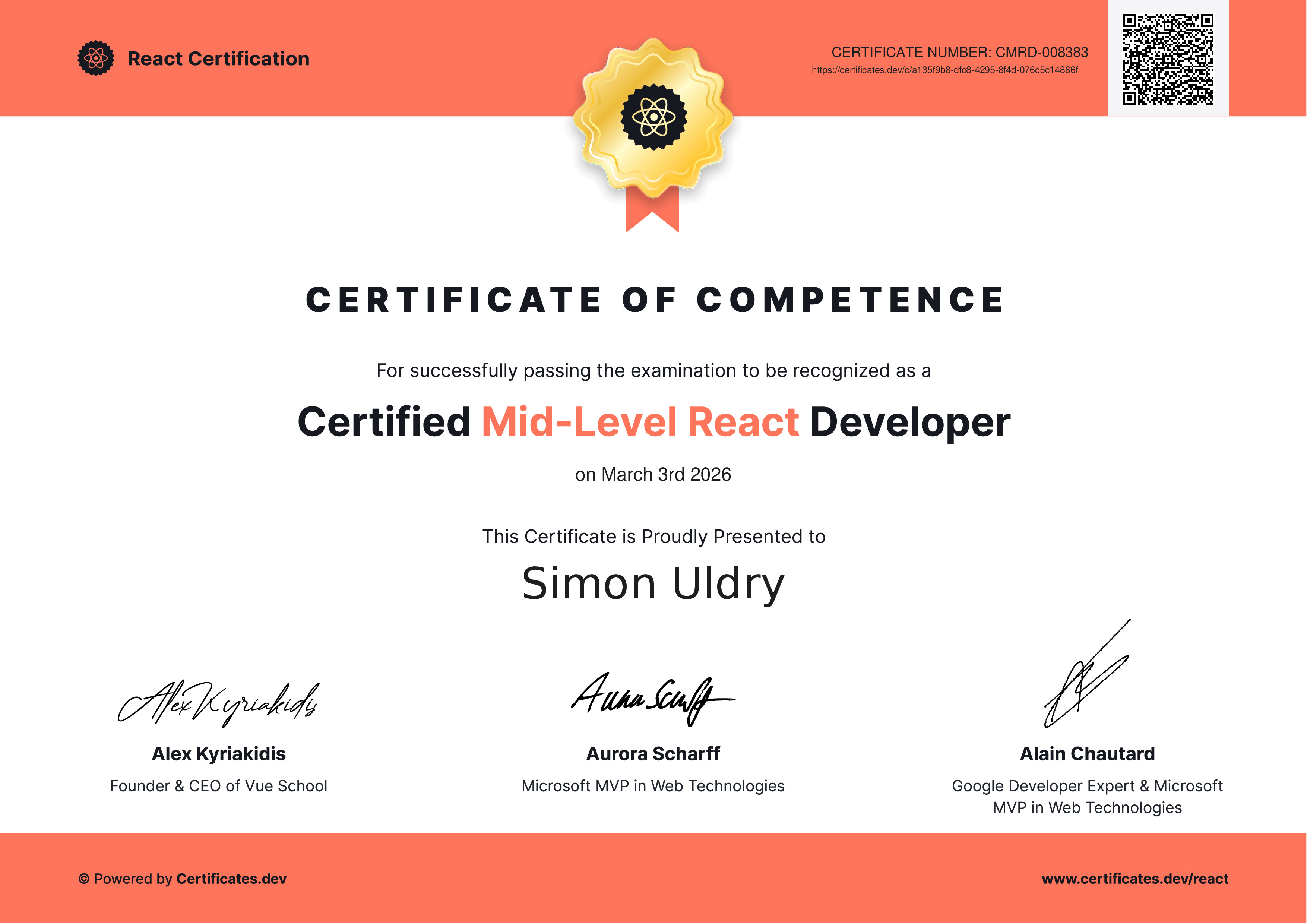 Simon Uldry - Certified Mid-Level React Developer - Certificates.dev