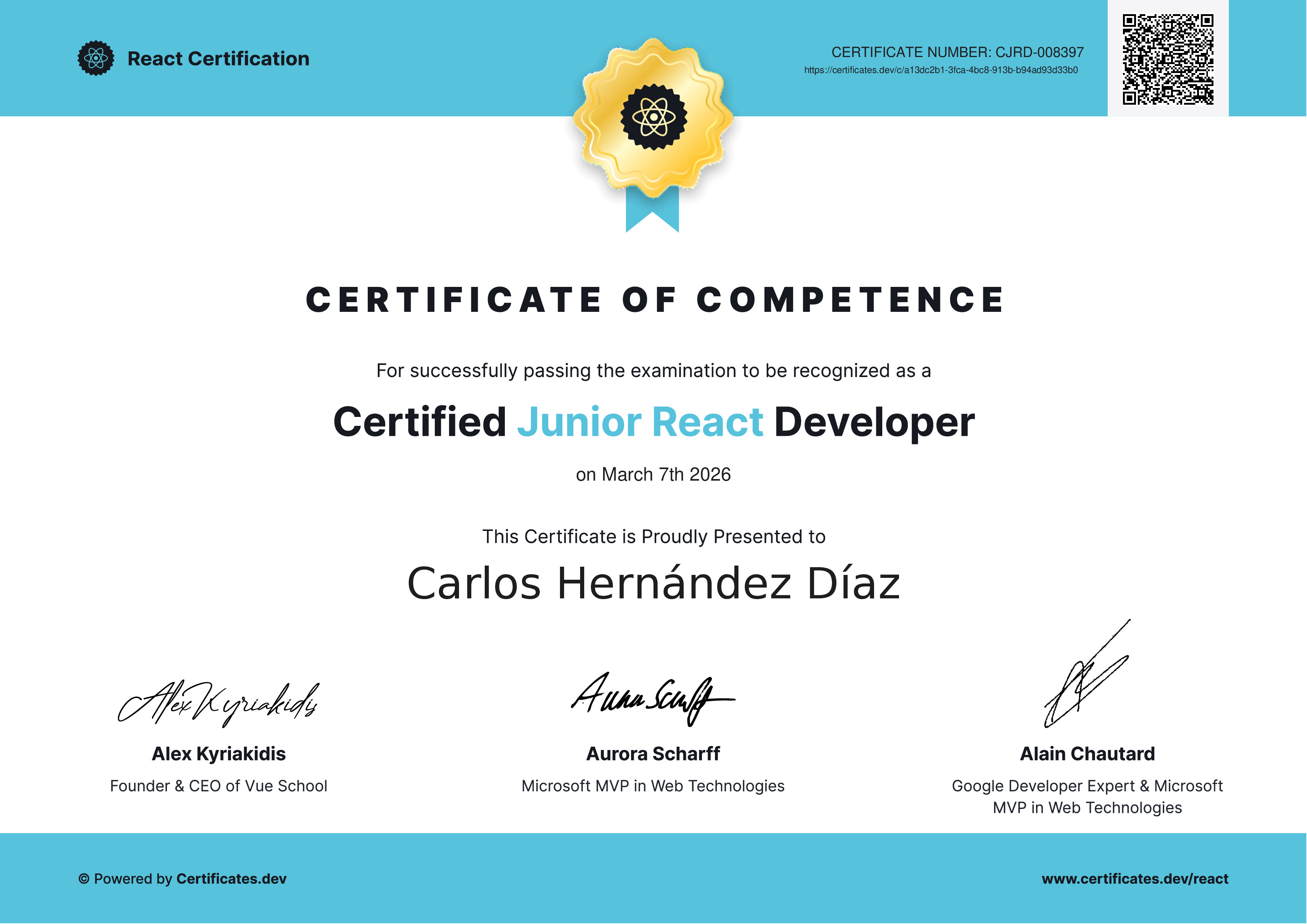 Carlos Hernández Díaz - Certified Junior React Developer - Certificates.dev
