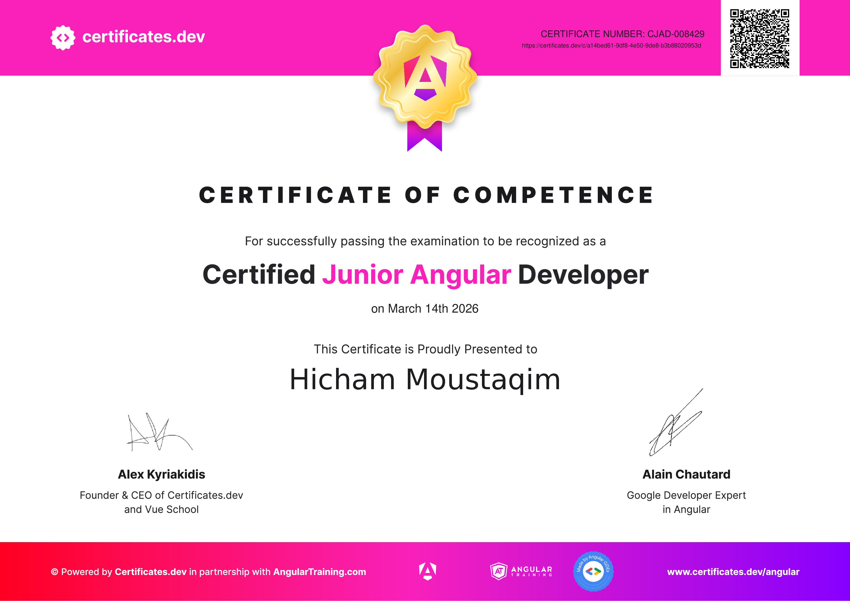 Hicham Moustaqim - Certified Junior Angular Developer - Certificates.dev