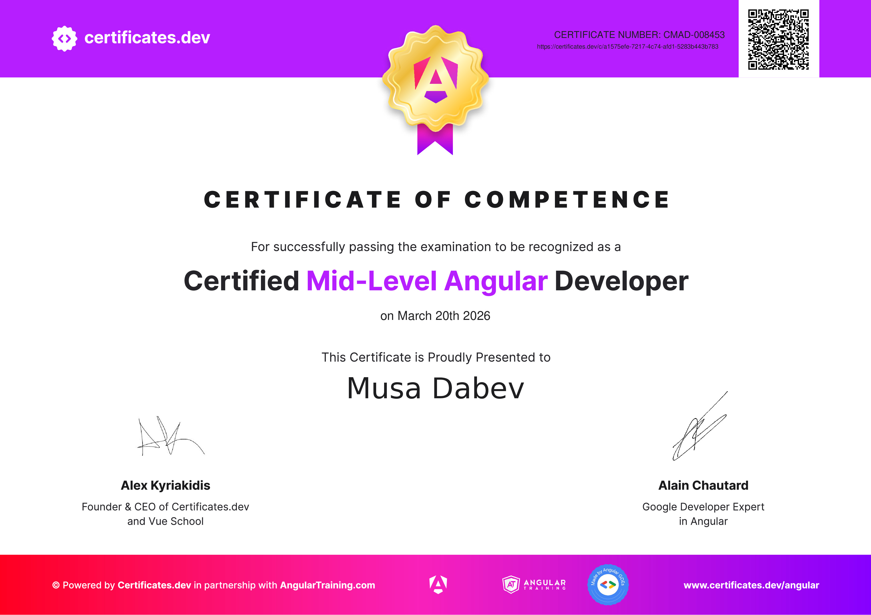 Musa Dabev - Certified Mid-Level Angular Developer - Certificates.dev