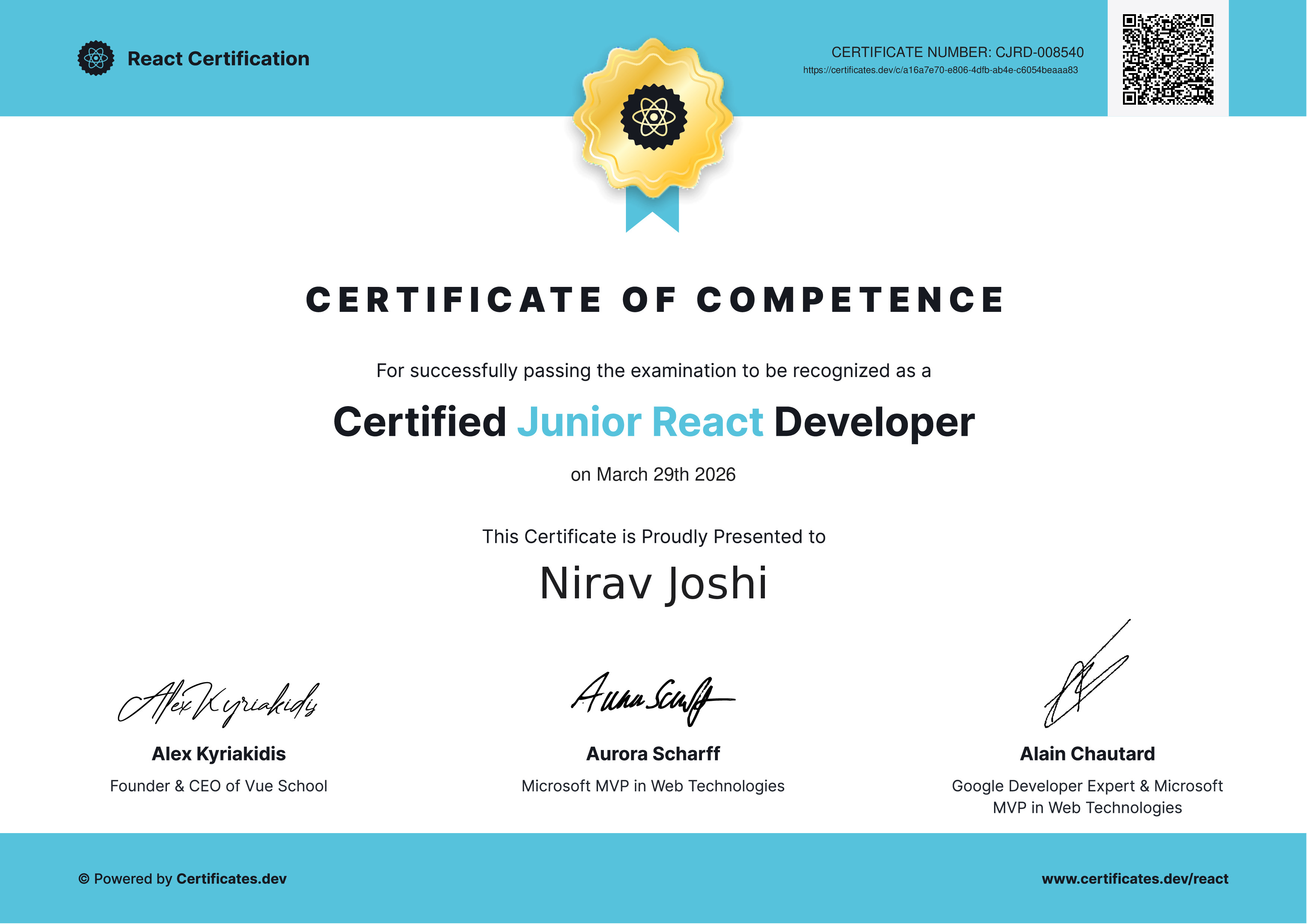 Nirav Joshi - Certified Junior React Developer - Certificates.dev