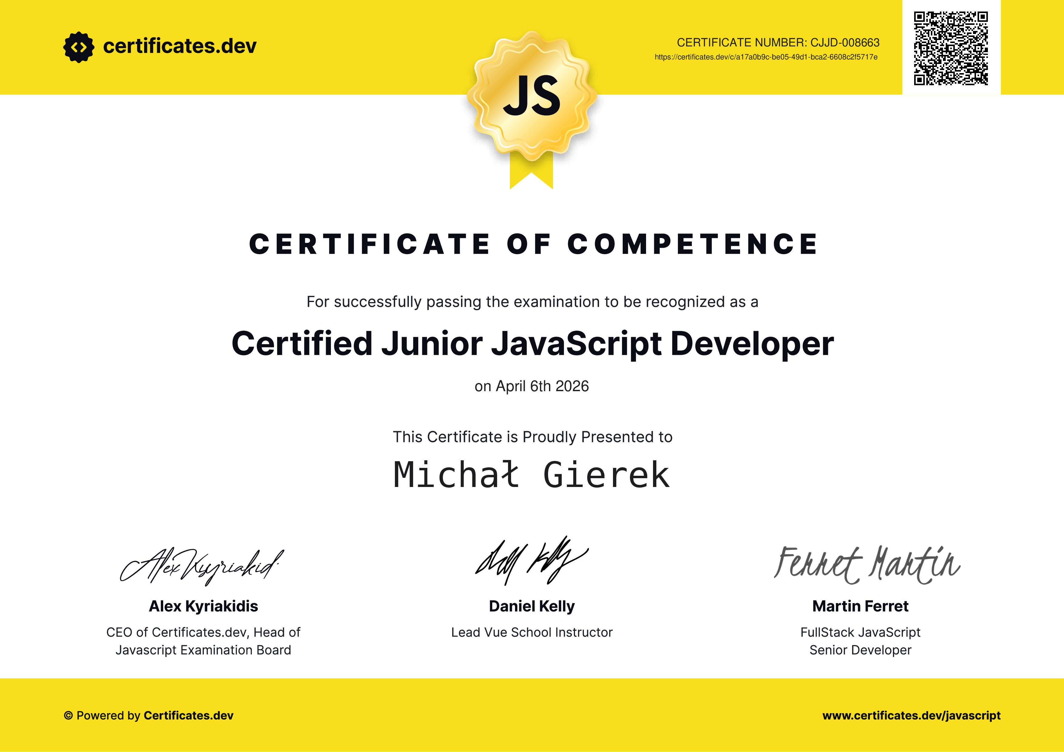 Michał Gierek - Certified Junior JavaScript Developer - Certificates.dev
