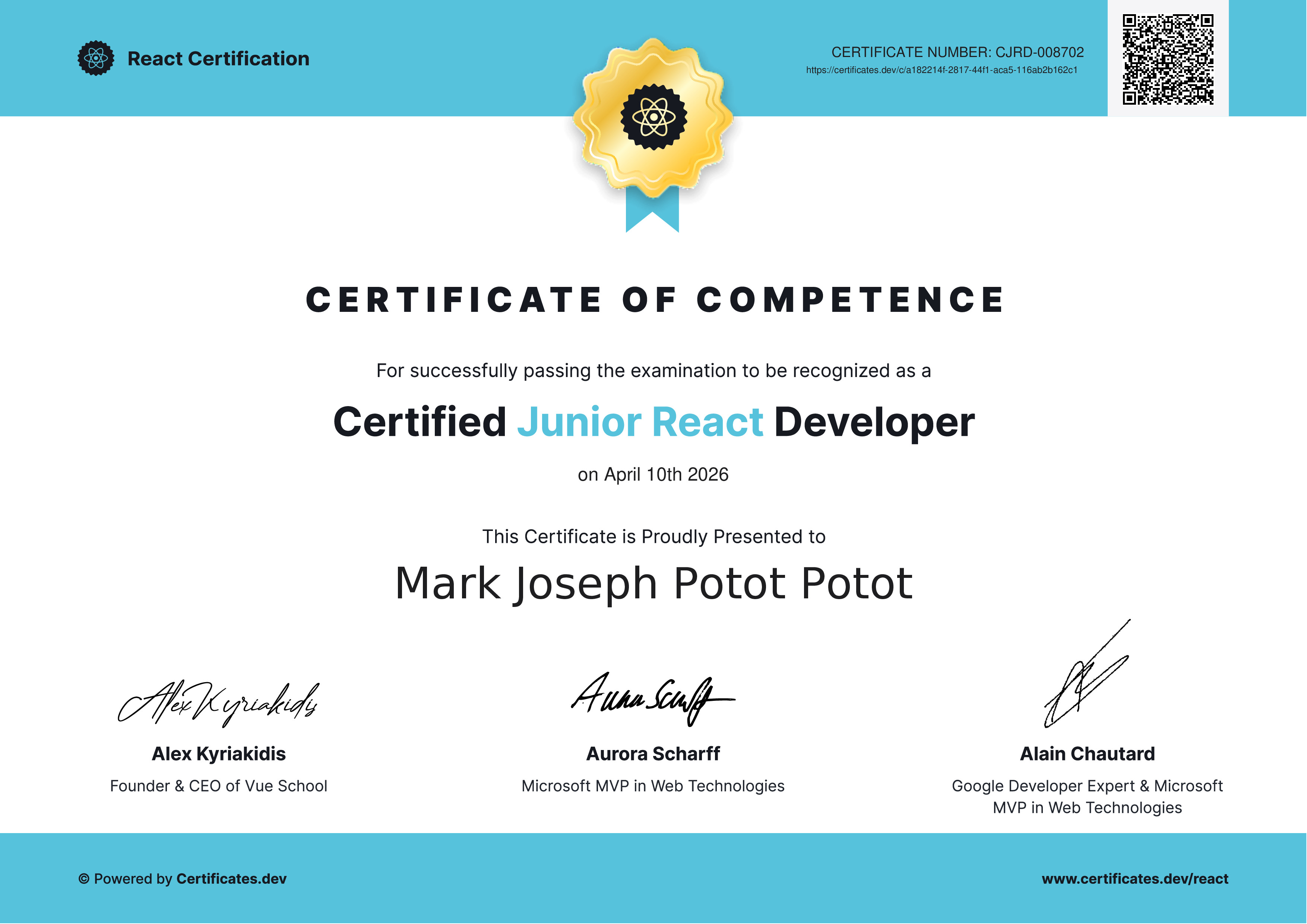 Mark Joseph Potot - Certified Junior React Developer - Certificates.dev