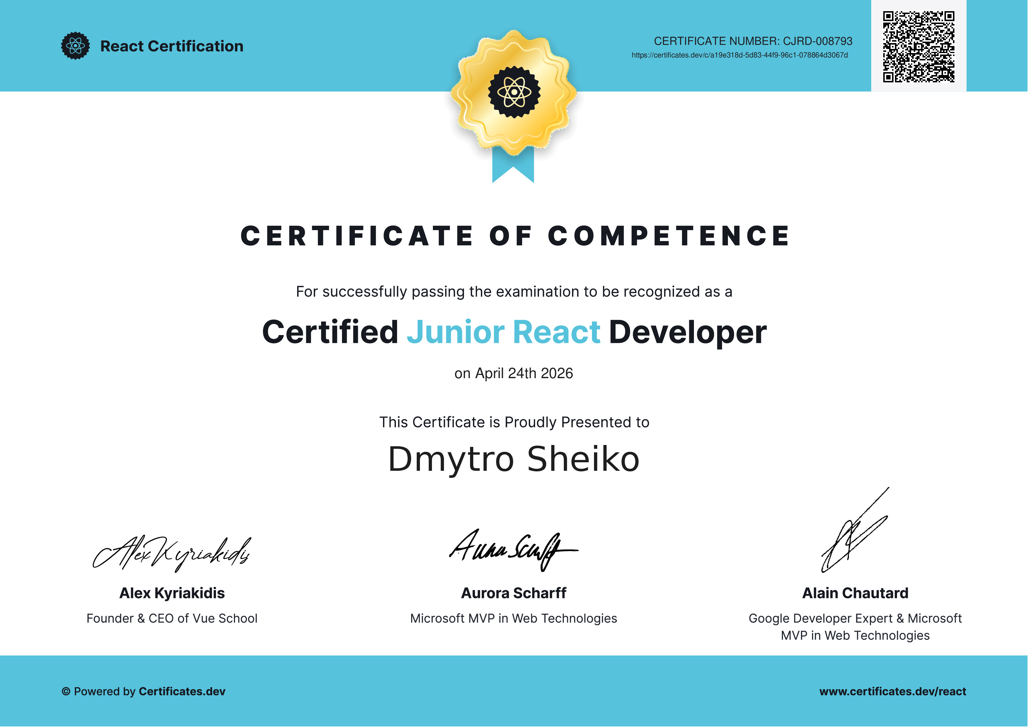 Dmytro Sheiko - Certified Junior React Developer - Certificates.dev