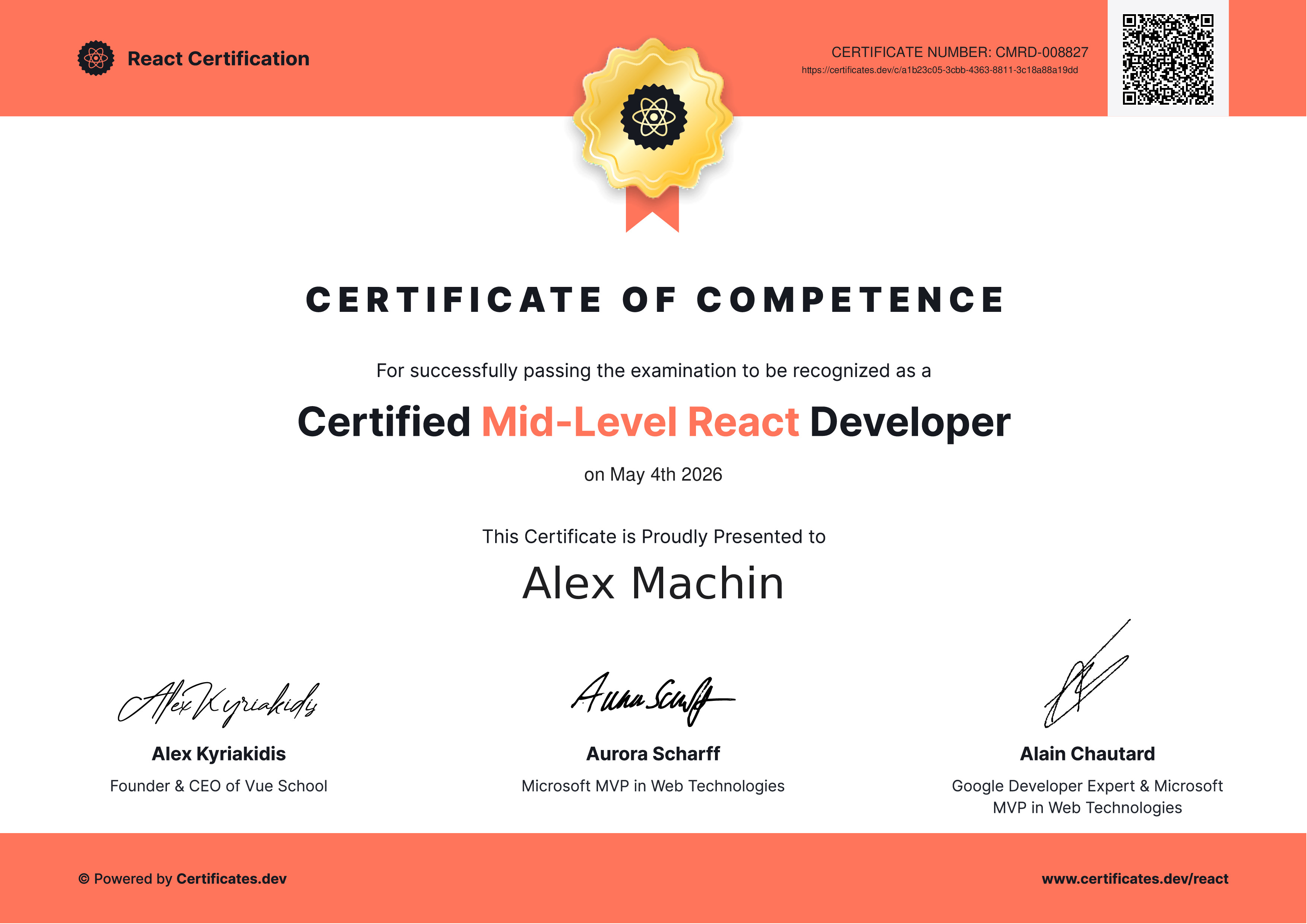Alex Machin - Certified Mid-Level React Developer - Certificates.dev