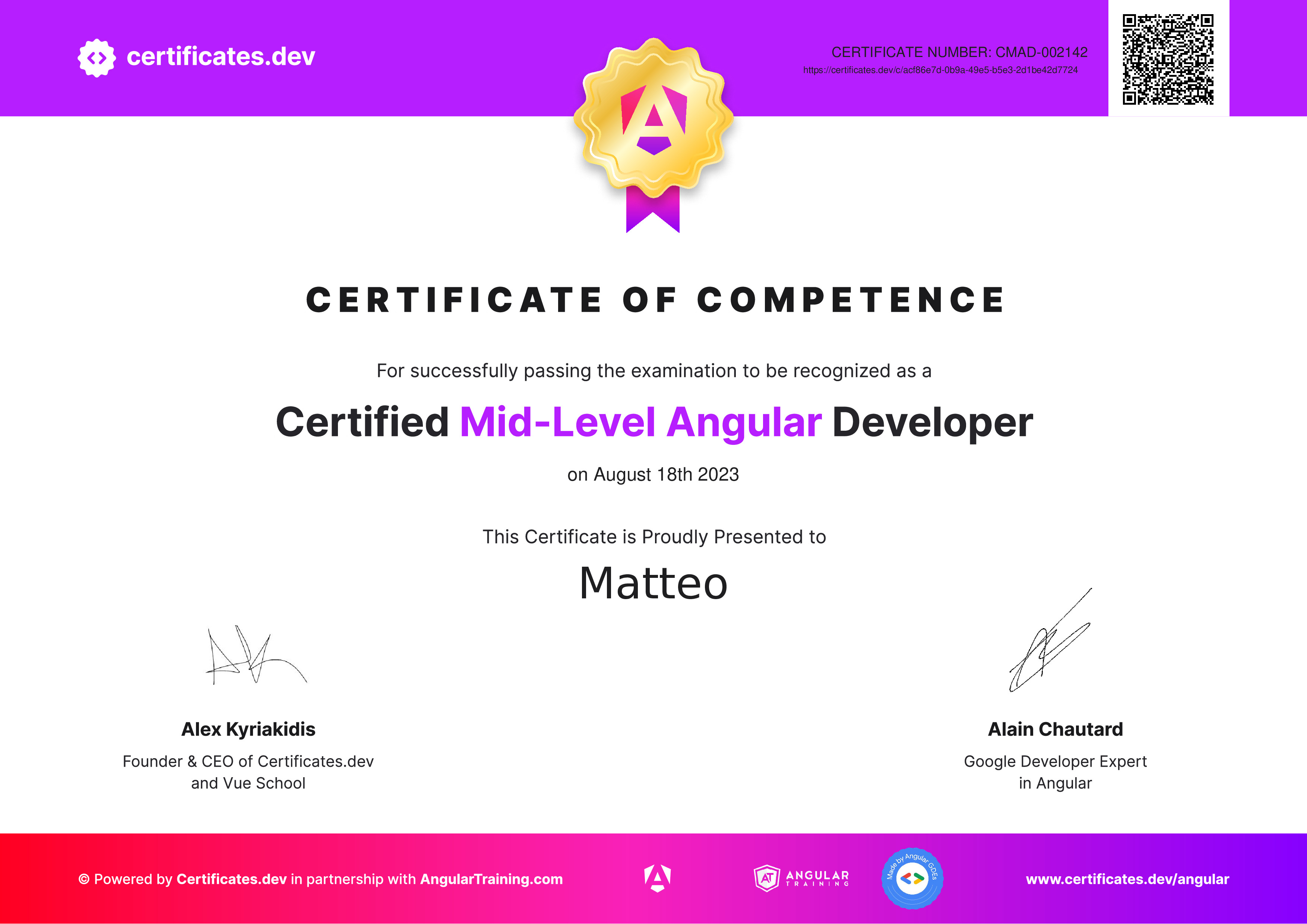 Matteo Giuditta - Certified Mid-Level Angular Developer - Certificates.dev