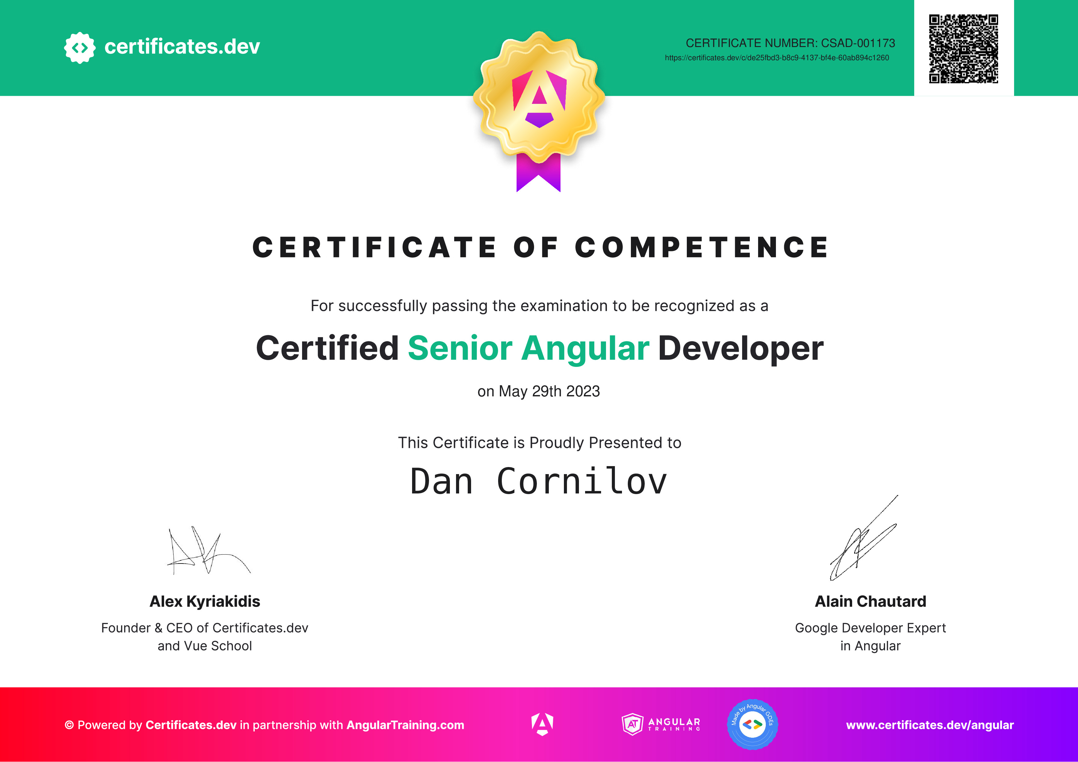Dan Cornilov - Certified Senior Angular Developer - Certificates.dev
